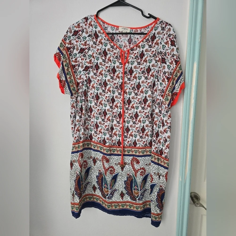 Umgee Floral Print Blouse with Orange Accents Size M
